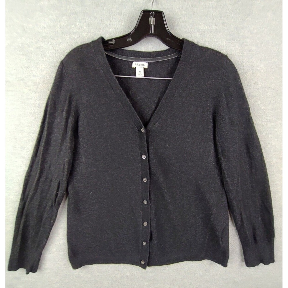 LL Bean Womens Sweater Medium Black Cardigan Lambswool Angora Cashmere Cabincore